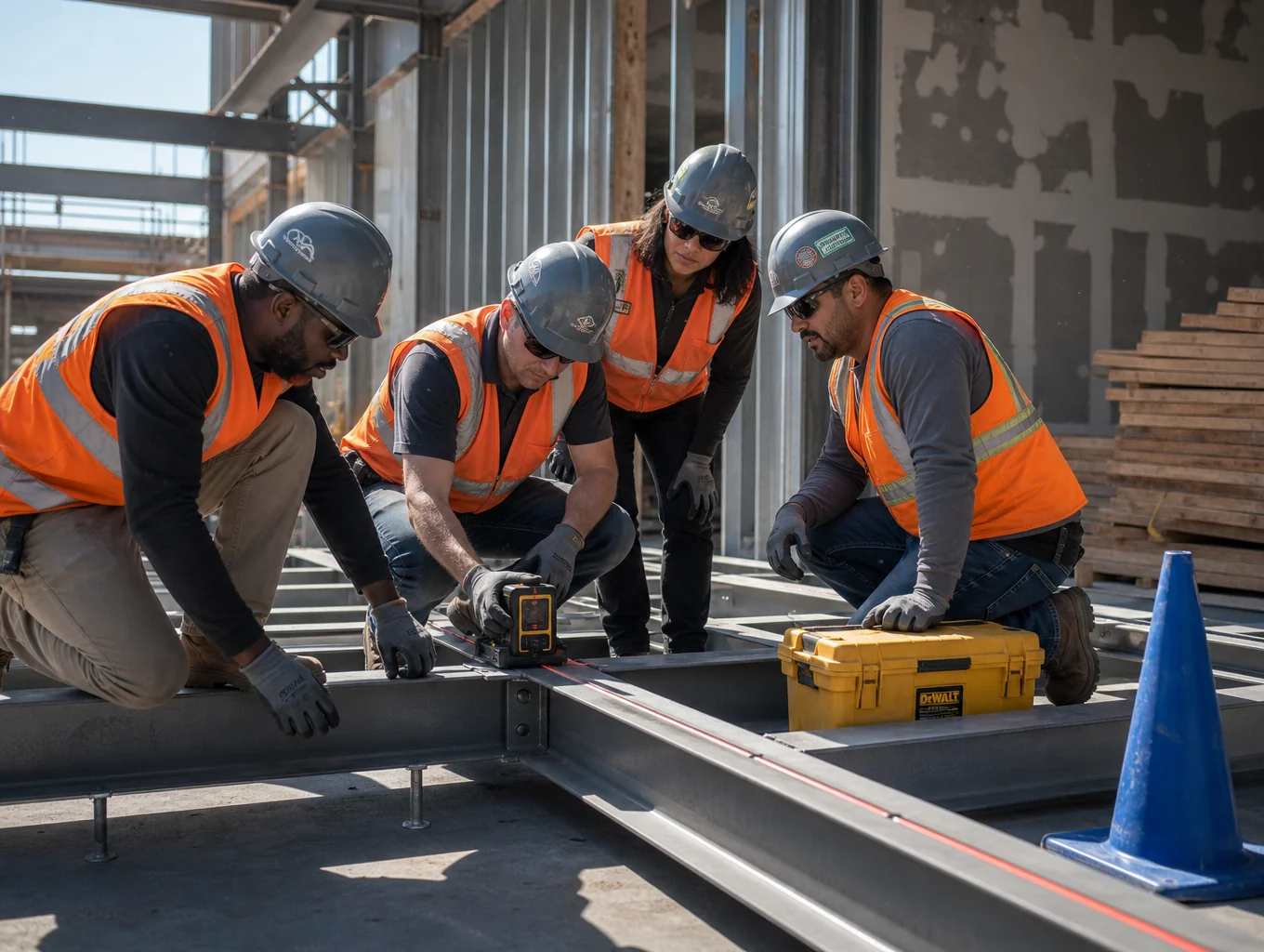 Construction team using laser level on steel framework