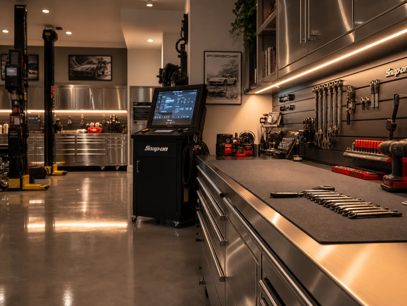 Organized workshop facility with advanced maintenance equipment