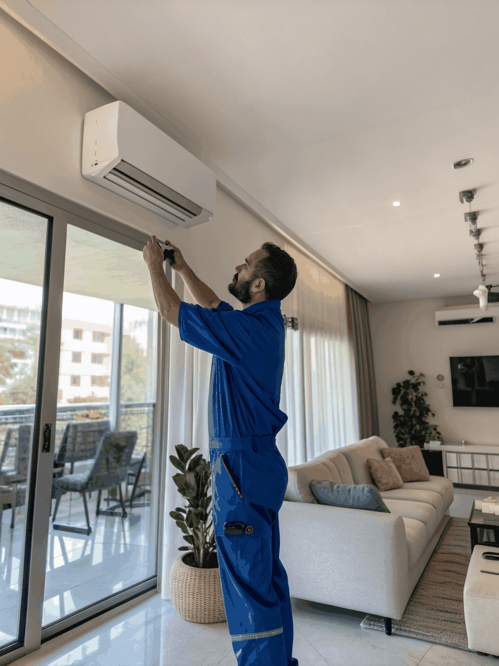 Technician installing central AC unit in a luxury villa