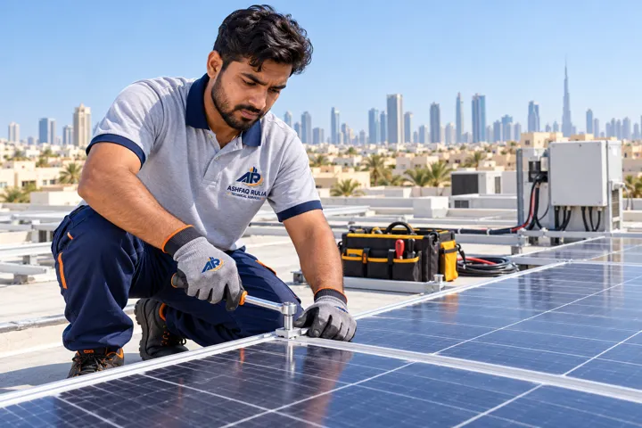 An ARTS solar technician checking and securing photovoltaic panels on a safe flat Dubai rooftop away from the roof edge, branded workwear, gloves, organized equipment, UAE low-rise skyline