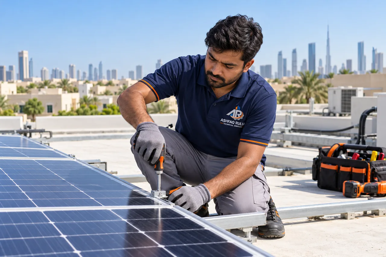 An ARTS solar technician checking and securing photovoltaic panels on a safe flat Dubai rooftop away from the roof edge, branded workwear, gloves, organized equipment, UAE low-rise skyline