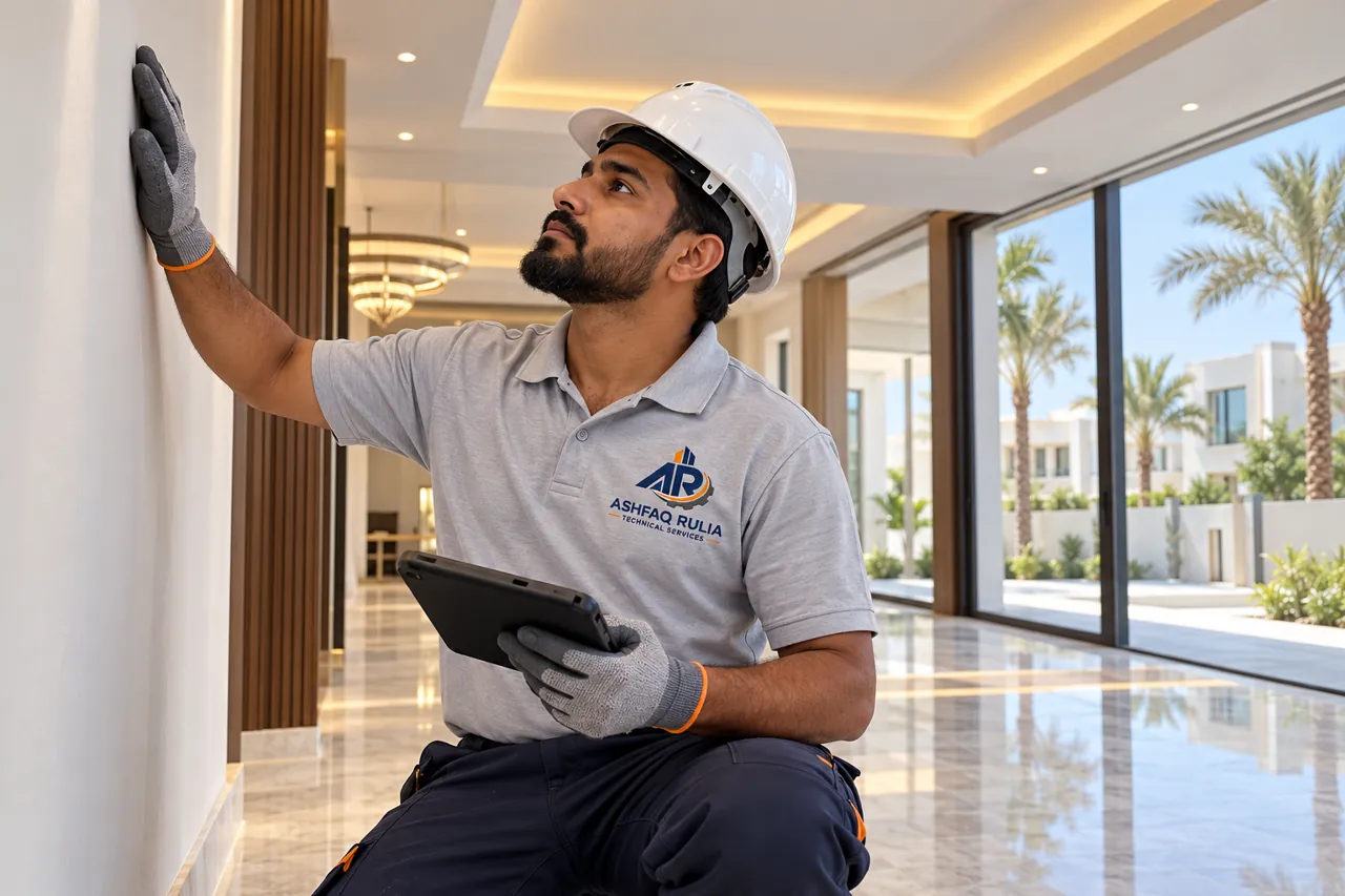 a Dubai villa interior finishing scenario with an Indian ARTS technician inspecting newly finished wall, ceiling and flooring