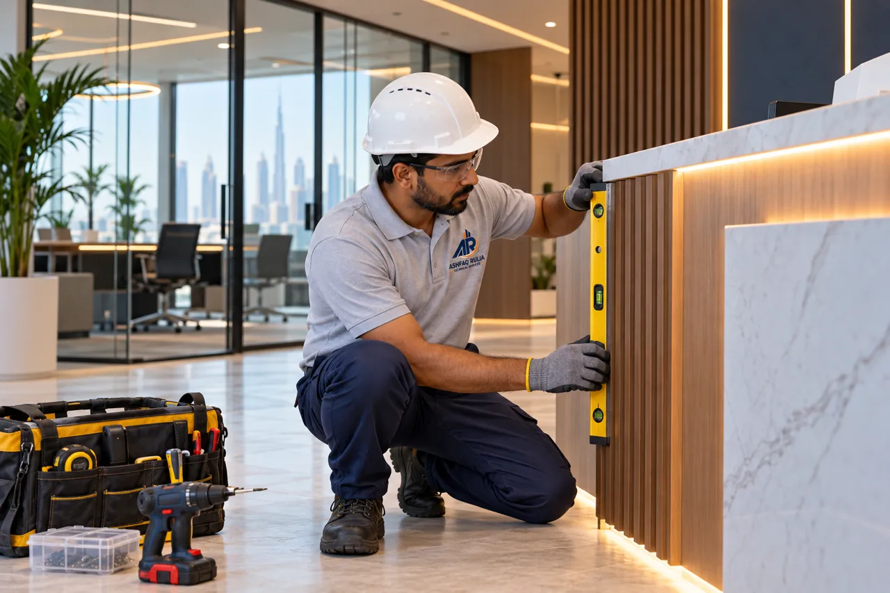 a contemporary Dubai office reception finishing scenario with a Pakistani ARTS technician actively checking the partition and reception joinery, no generic desk-office employees