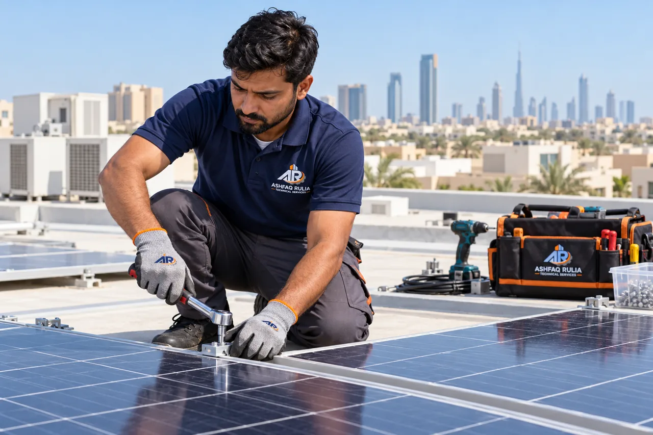 An ARTS solar technician checking and securing photovoltaic panels on a safe flat Dubai rooftop away from the roof edge, branded workwear, gloves, organized equipment, UAE low-rise skyline