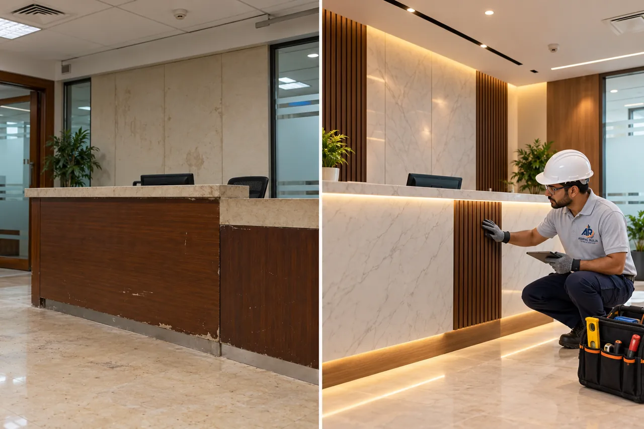 Illustrative before-and-after Dubai office transformation with an ARTS technician