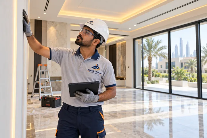 a Dubai villa interior finishing scenario with an Indian ARTS technician inspecting newly finished wall, ceiling and flooring