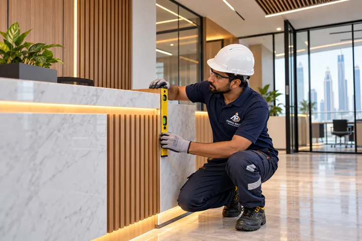 a contemporary Dubai office reception finishing scenario with a Pakistani ARTS technician actively checking the partition and reception joinery, no generic desk-office employees