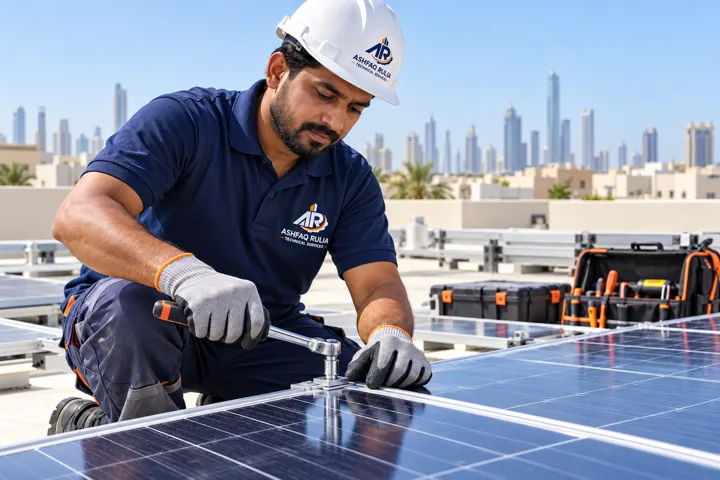 An ARTS solar technician checking and securing photovoltaic panels on a safe flat Dubai rooftop away from the roof edge, branded workwear, gloves, organized equipment, UAE low-rise skyline