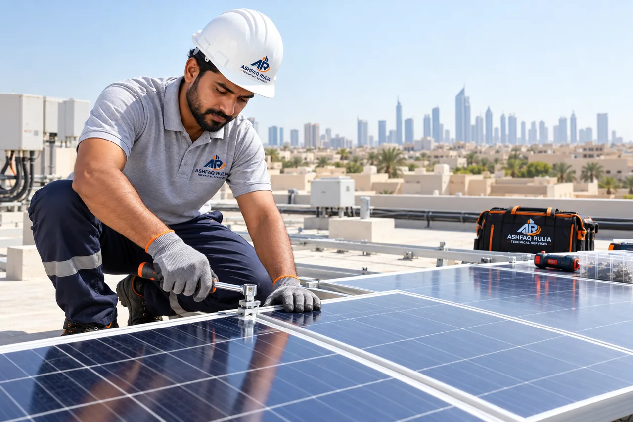 An ARTS solar technician checking and securing photovoltaic panels on a safe flat Dubai rooftop away from the roof edge, branded workwear, gloves, organized equipment, UAE low-rise skyline
