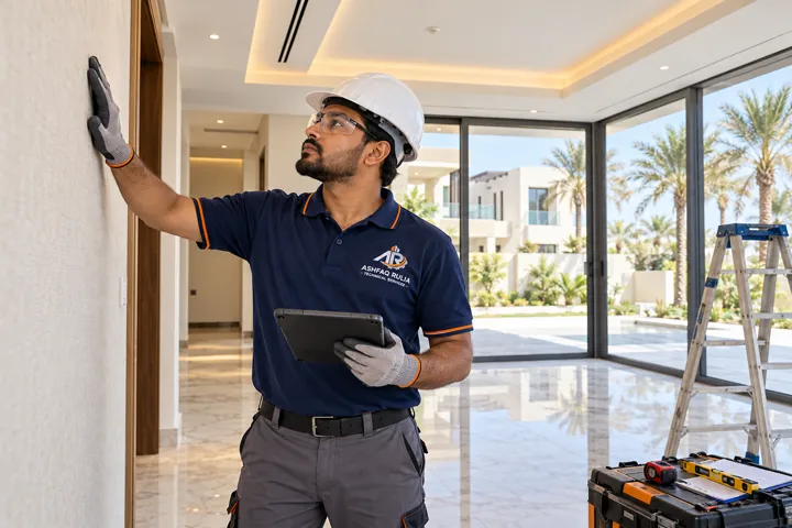 a Dubai villa interior finishing scenario with an Indian ARTS technician inspecting newly finished wall, ceiling and flooring