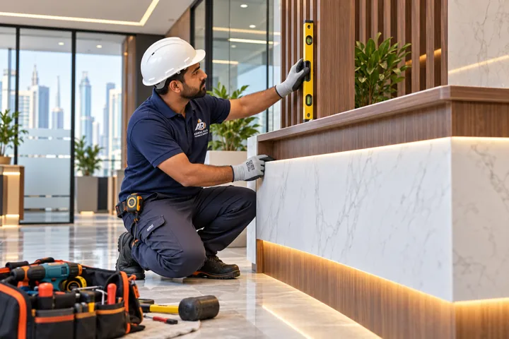 a contemporary Dubai office reception finishing scenario with a Pakistani ARTS technician actively checking the partition and reception joinery, no generic desk-office employees