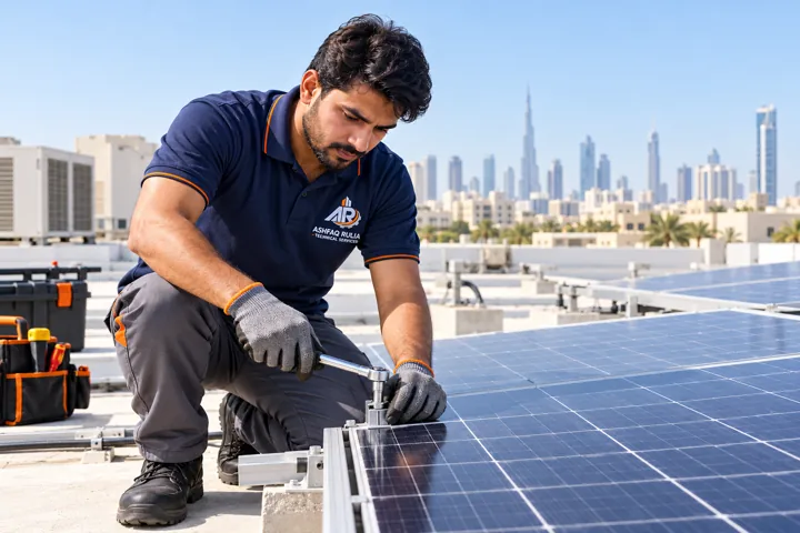 An ARTS solar technician checking and securing photovoltaic panels on a safe flat Dubai rooftop away from the roof edge, branded workwear, gloves, organized equipment, UAE low-rise skyline