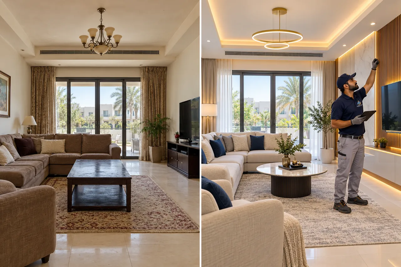 Illustrative before-and-after Dubai villa transformation with an ARTS technician