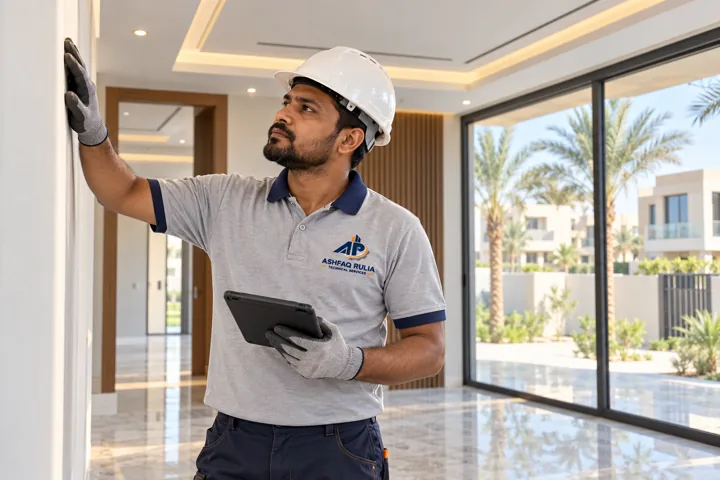 a Dubai villa interior finishing scenario with an Indian ARTS technician inspecting newly finished wall, ceiling and flooring