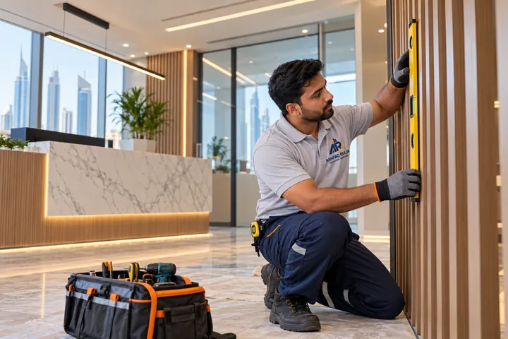 a contemporary Dubai office reception finishing scenario with a Pakistani ARTS technician actively checking the partition and reception joinery, no generic desk-office employees