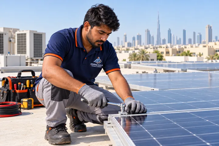 An ARTS solar technician checking and securing photovoltaic panels on a safe flat Dubai rooftop away from the roof edge, branded workwear, gloves, organized equipment, UAE low-rise skyline
