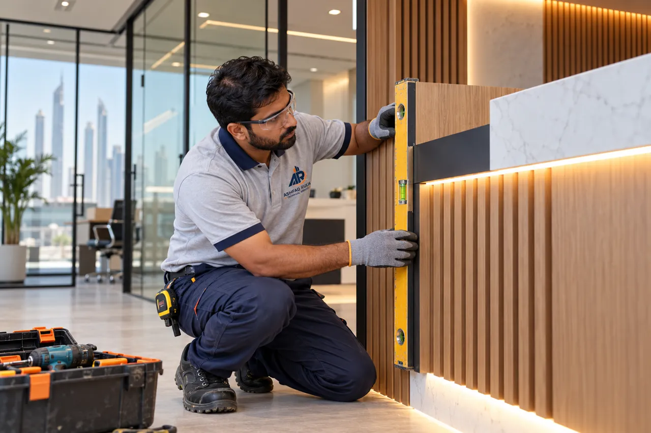 a contemporary Dubai office reception finishing scenario with a Pakistani ARTS technician actively checking the partition and reception joinery, no generic desk-office employees
