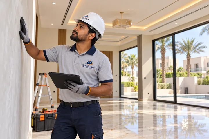 a Dubai villa interior finishing scenario with an Indian ARTS technician inspecting newly finished wall, ceiling and flooring