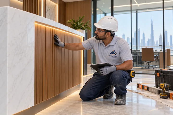 a contemporary Dubai office reception finishing scenario with a Pakistani ARTS technician actively checking the partition and reception joinery, no generic desk-office employees