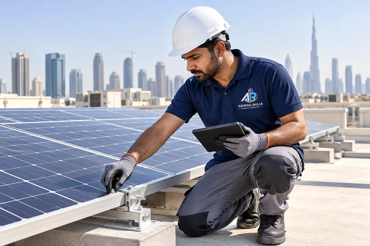 An ARTS solar technician actively inspecting a rooftop photovoltaic array and checking its mounting in Dubai, safe flat-roof working area, visible solar panels