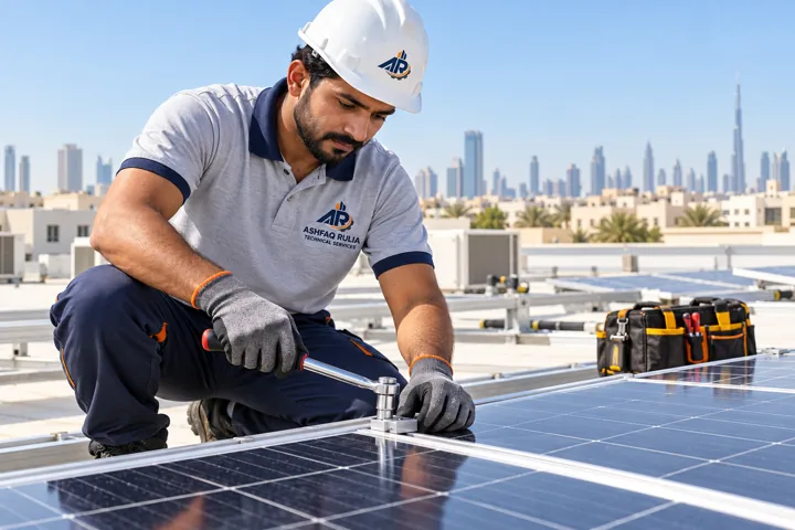 An ARTS solar technician checking and securing photovoltaic panels on a safe flat Dubai rooftop away from the roof edge, branded workwear, gloves, organized equipment, UAE low-rise skyline