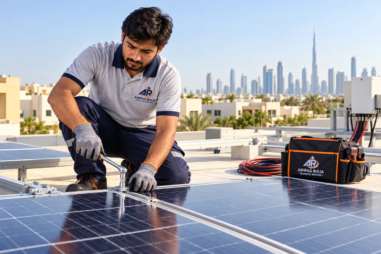 An ARTS solar technician checking and securing photovoltaic panels on a safe flat Dubai rooftop away from the roof edge, branded workwear, gloves, organized equipment, UAE low-rise skyline