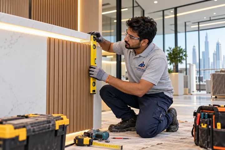 a contemporary Dubai office reception finishing scenario with a Pakistani ARTS technician actively checking the partition and reception joinery, no generic desk-office employees