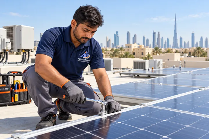 An ARTS solar technician checking and securing photovoltaic panels on a safe flat Dubai rooftop away from the roof edge, branded workwear, gloves, organized equipment, UAE low-rise skyline