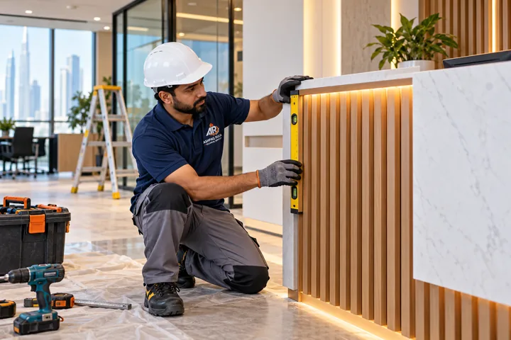 a contemporary Dubai office reception finishing scenario with a Pakistani ARTS technician actively checking the partition and reception joinery, no generic desk-office employees