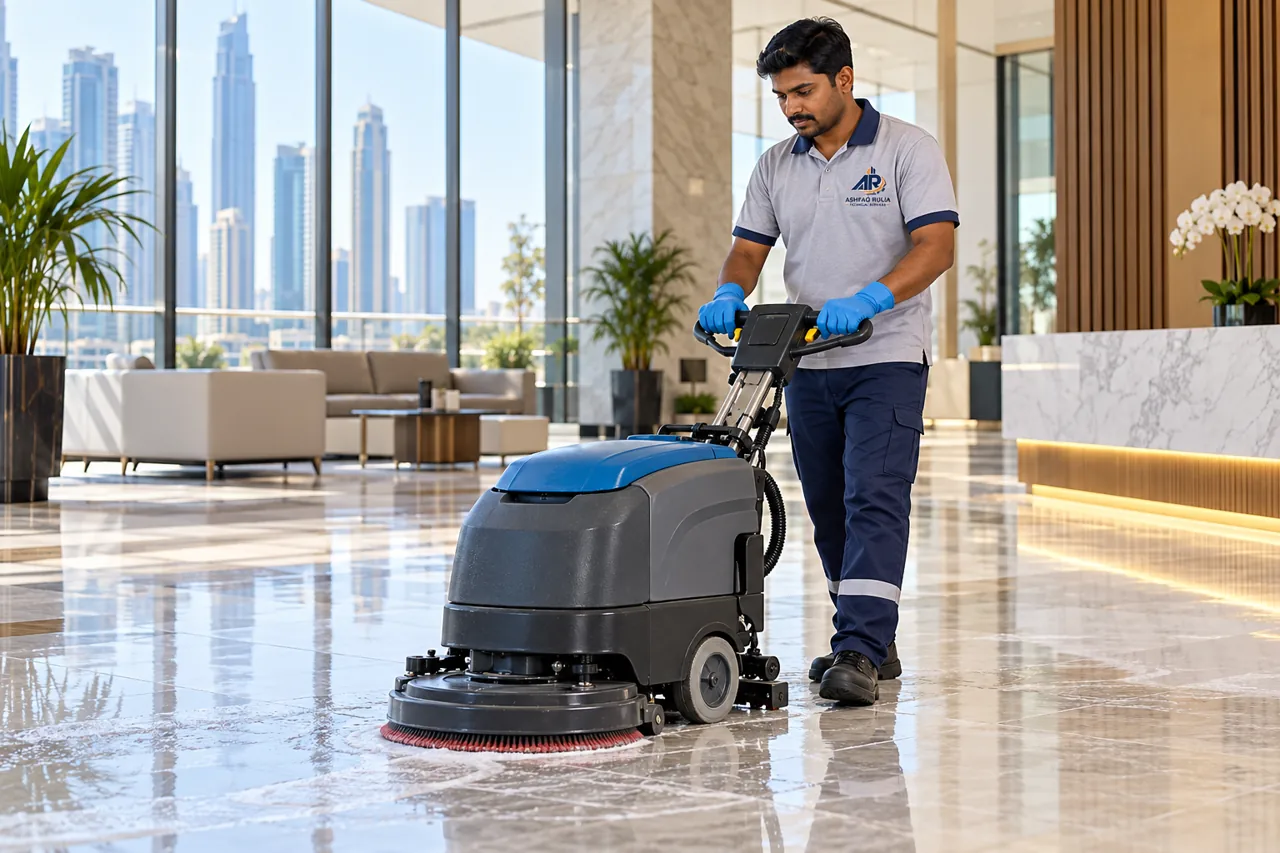 An ARTS cleaning technician actively using a compact floor-scrubbing machine in a bright Dubai commercial property, appropriate gloves, clean and professional