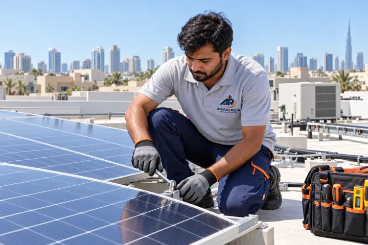 An ARTS solar technician checking and securing photovoltaic panels on a safe flat Dubai rooftop away from the roof edge, branded workwear, gloves, organized equipment, UAE low-rise skyline