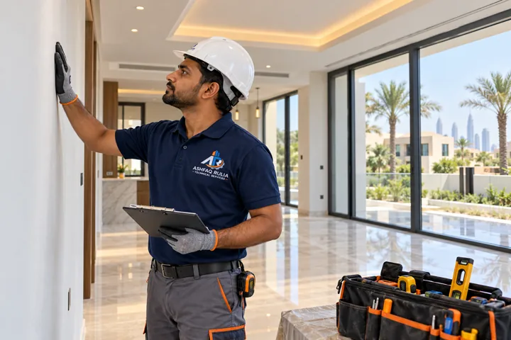 a Dubai villa interior finishing scenario with an Indian ARTS technician inspecting newly finished wall, ceiling and flooring
