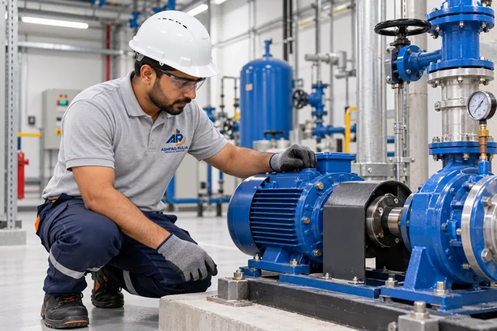 An ARTS electromechanical technician inspecting an isolated building water-pump motor and coupling in a tidy Dubai plant room, no exposed live electrical work