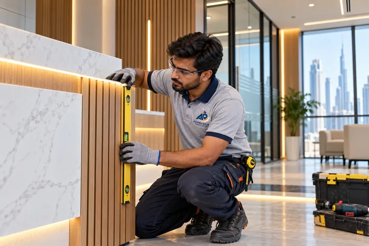 a contemporary Dubai office reception finishing scenario with a Pakistani ARTS technician actively checking the partition and reception joinery, no generic desk-office employees