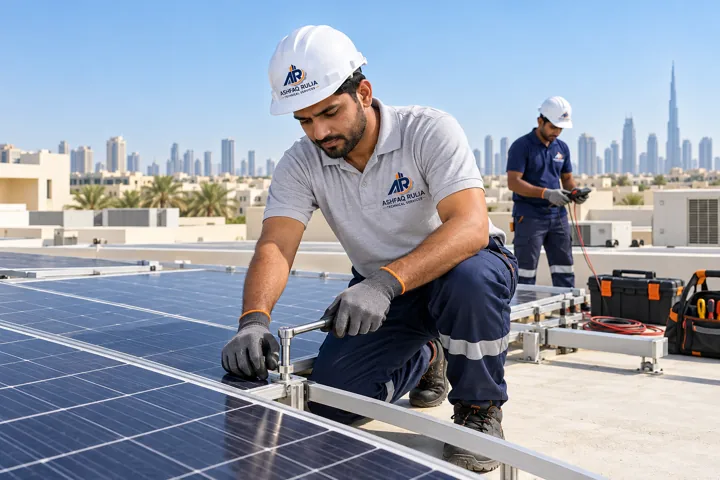 An ARTS solar technician checking and securing photovoltaic panels on a safe flat Dubai rooftop away from the roof edge, branded workwear, gloves, organized equipment, UAE low-rise skyline