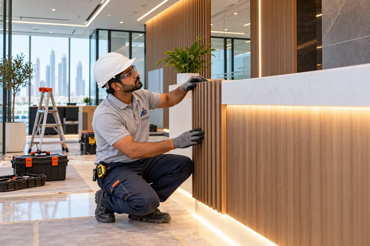 a contemporary Dubai office reception finishing scenario with a Pakistani ARTS technician actively checking the partition and reception joinery, no generic desk-office employees
