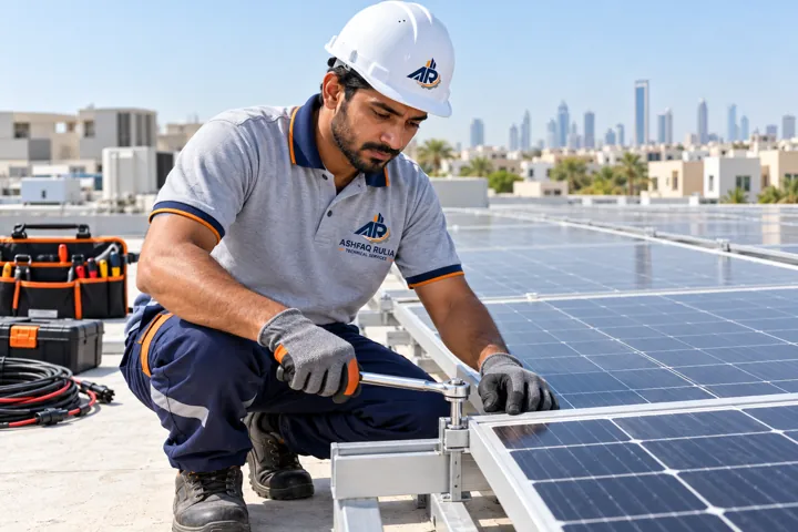 An ARTS solar technician checking and securing photovoltaic panels on a safe flat Dubai rooftop away from the roof edge, branded workwear, gloves, organized equipment, UAE low-rise skyline