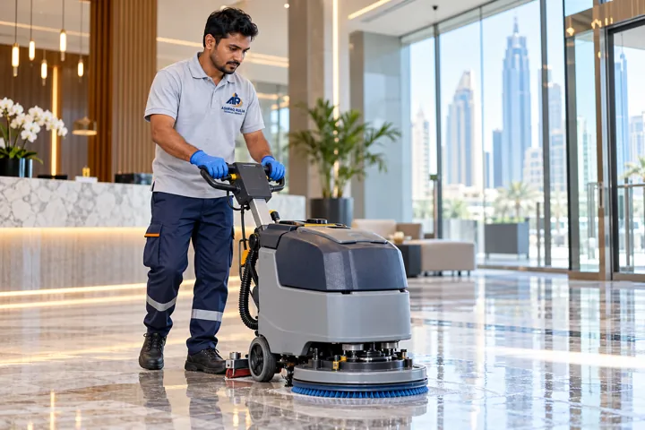 An ARTS cleaning technician actively using a compact floor-scrubbing machine in a bright Dubai commercial property, appropriate gloves, clean and professional