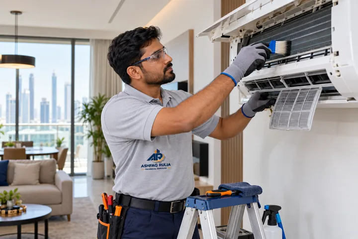 An ARTS HVAC technician actively cleaning and servicing an open wall-mounted split AC indoor unit, tools in hand, unit electrically isolated, neat occupied Dubai interior