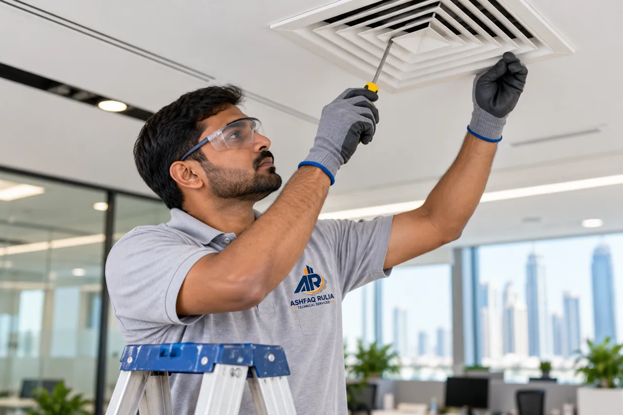 An ARTS technician adjusting a ceiling ventilation grille in a Dubai commercial office