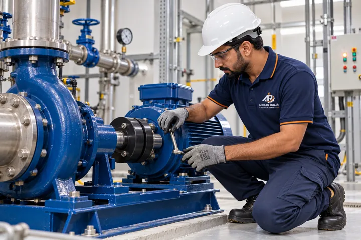 An ARTS electromechanical technician inspecting an isolated building water-pump motor and coupling in a tidy Dubai plant room, no exposed live electrical work
