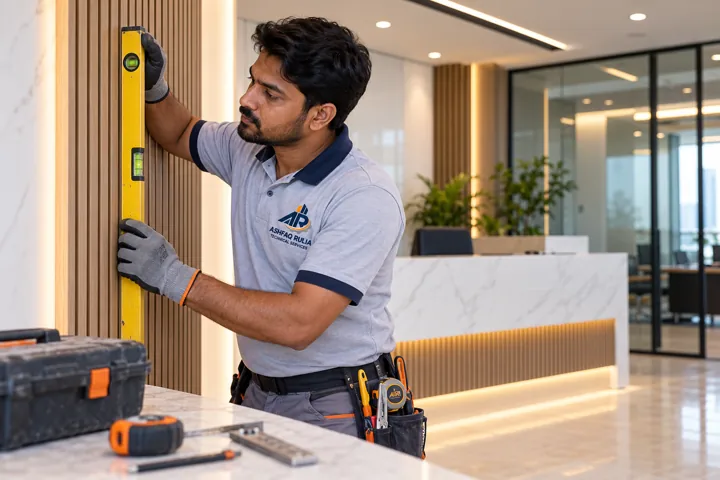 An ARTS fit-out technician checking a newly finished Dubai office reception wall with a spirit level, real finishing tools and careful workmanship