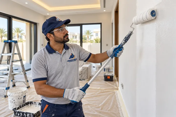 An ARTS painter applying a crisp even coat with a roller to a prepared interior wall, dust sheets and clean edges, Dubai villa