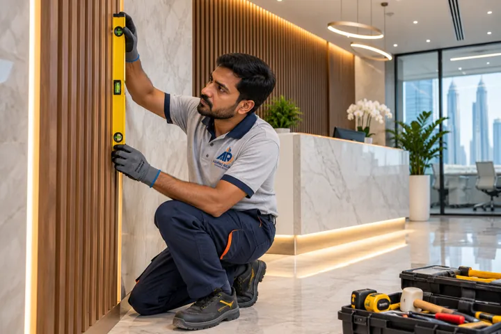An ARTS fit-out technician checking a newly finished Dubai office reception wall with a spirit level, real finishing tools and careful workmanship