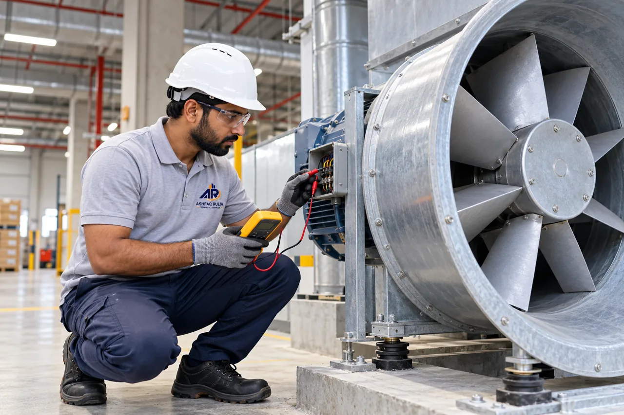 An ARTS electromechanical technician inspecting a large isolated ventilation fan in a UAE warehouse