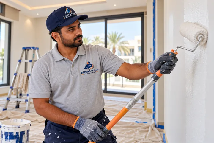 An ARTS painter applying a crisp even coat with a roller to a prepared interior wall, dust sheets and clean edges, Dubai villa