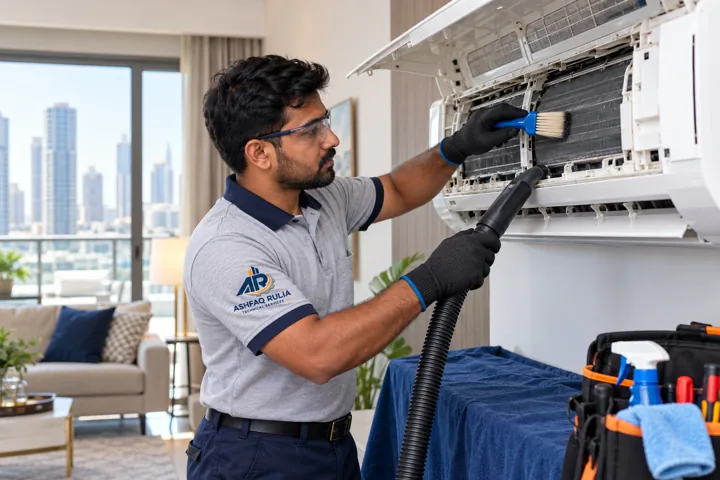 An ARTS HVAC technician actively cleaning and servicing an open wall-mounted split AC indoor unit, tools in hand, unit electrically isolated, neat occupied Dubai interior