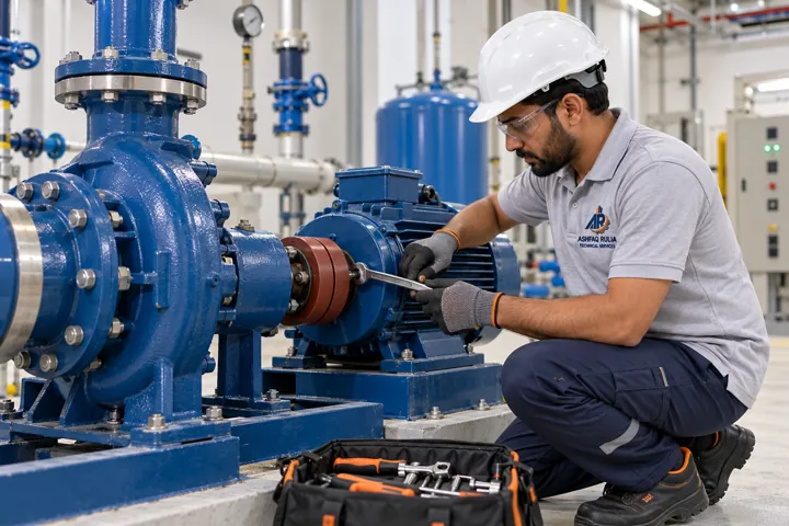 An ARTS electromechanical technician inspecting an isolated building water-pump motor and coupling in a tidy Dubai plant room, no exposed live electrical work