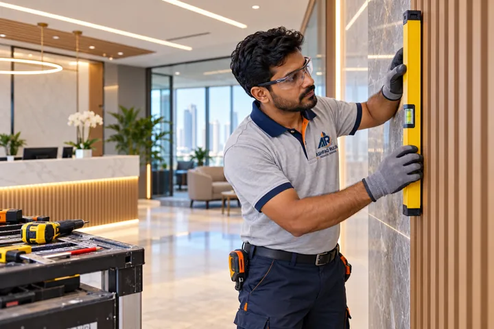 An ARTS fit-out technician checking a newly finished Dubai office reception wall with a spirit level, real finishing tools and careful workmanship