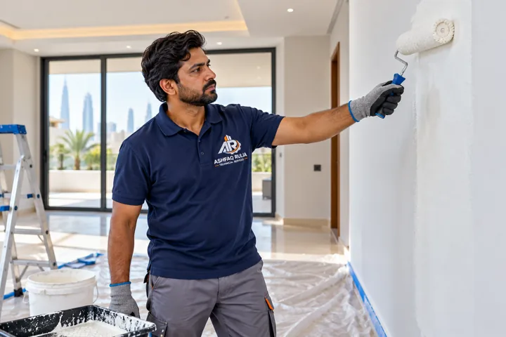 An ARTS painter applying a crisp even coat with a roller to a prepared interior wall, dust sheets and clean edges, Dubai villa